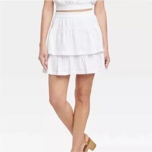 New White Tiered Mini Skirt Eyelet Plus Size XXL Stretch Flowy Pull-On